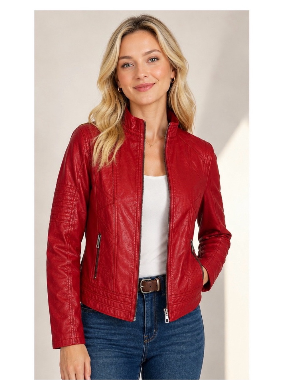 NWT Made By Johnny Red Faux Leather Vegan Zip Up Moto Style Jacket Size S